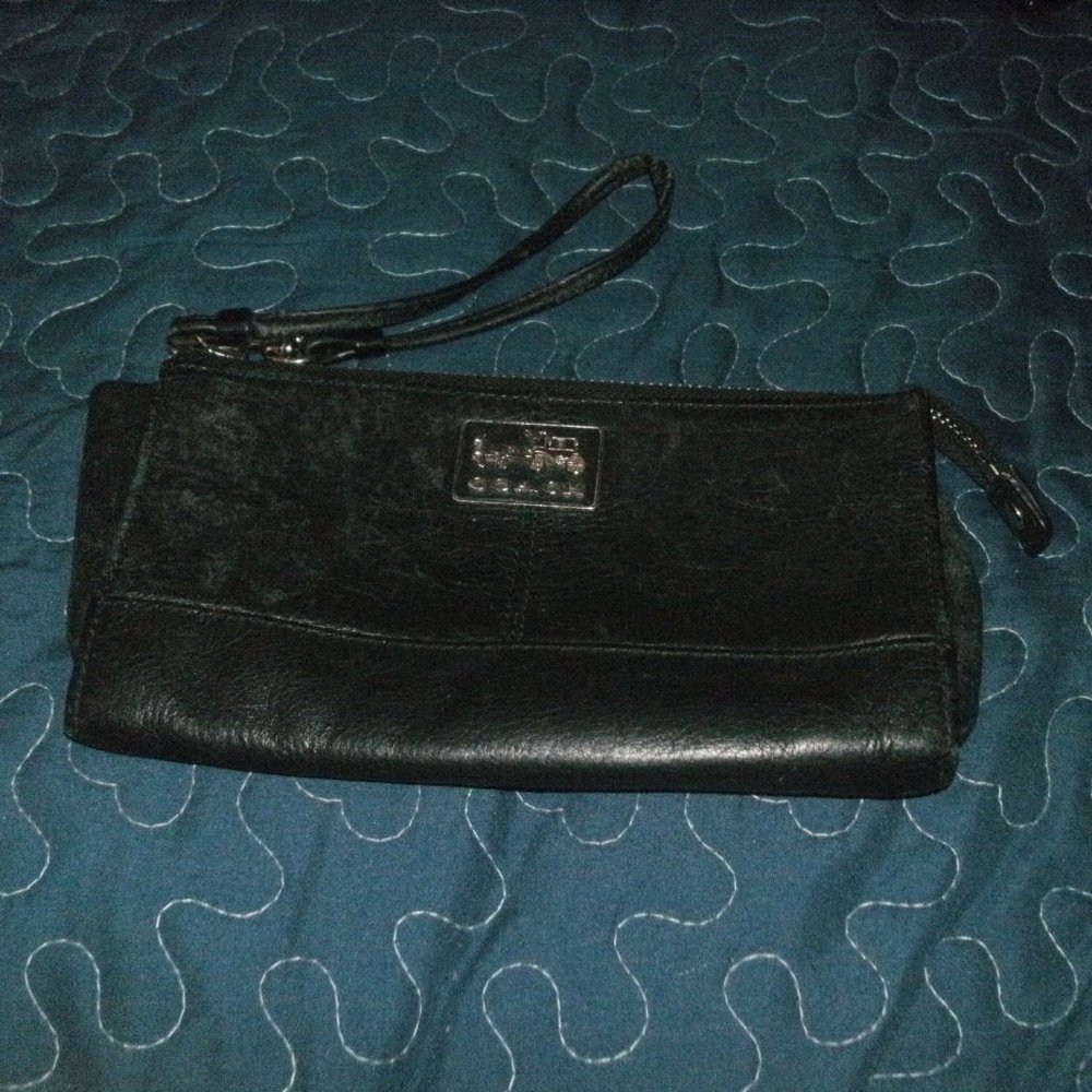 COACH Black Leather Double Zipper Wristlet Wallet 8x4.5"